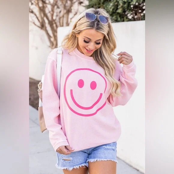 Pink Lily Smiley Face Pink Corded Graphic
Sweatshirt - Picture 2 of 3